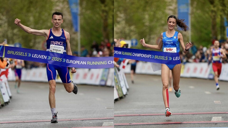 Yann Schrub og Nadia Battocletti i mål som tidenes første europamestere i 10 km gateløp i leuven i Belgia. (Foto: European Athletics) Yann Schrub og Nadia Battocletti i mål som tidenes første europamestere i 10 km gateløp i leuven i Belgia. (Foto: European Athletics)