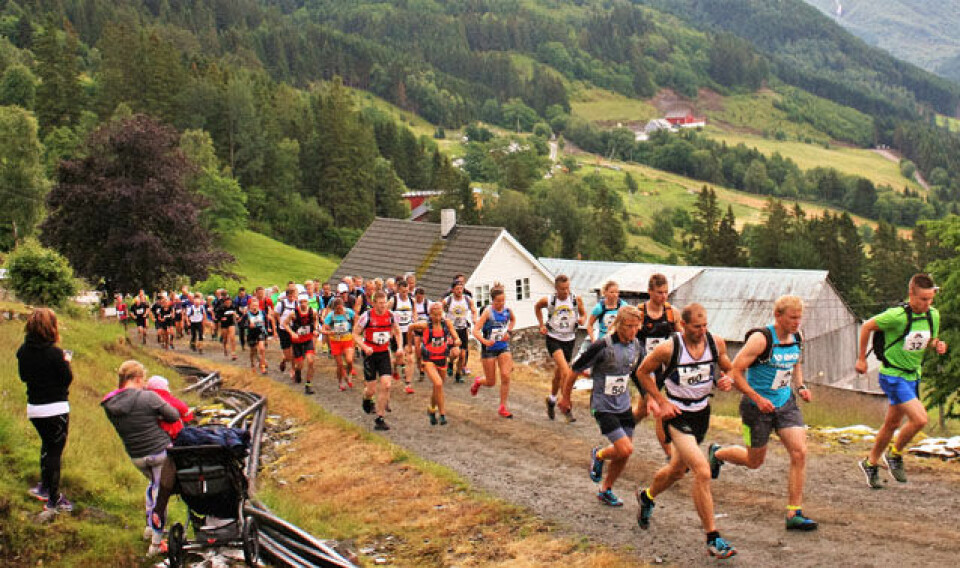 Startfeltet i konkurranseklassane med 71 deltakar like etter starten på garden Lunde i Feios i det 4.0 km lange motbakkeløpet med stigning på 827 høgdemeter frå 400- 1227 moh. (Foto arrangør) Startfeltet i konkurranseklassane med 71 deltakar like etter starten på garden Lunde i Feios i det 4.0 km lange motbakkeløpet med stigning på 827 høgdemeter frå 400- 1227 moh. (Foto arrangør)