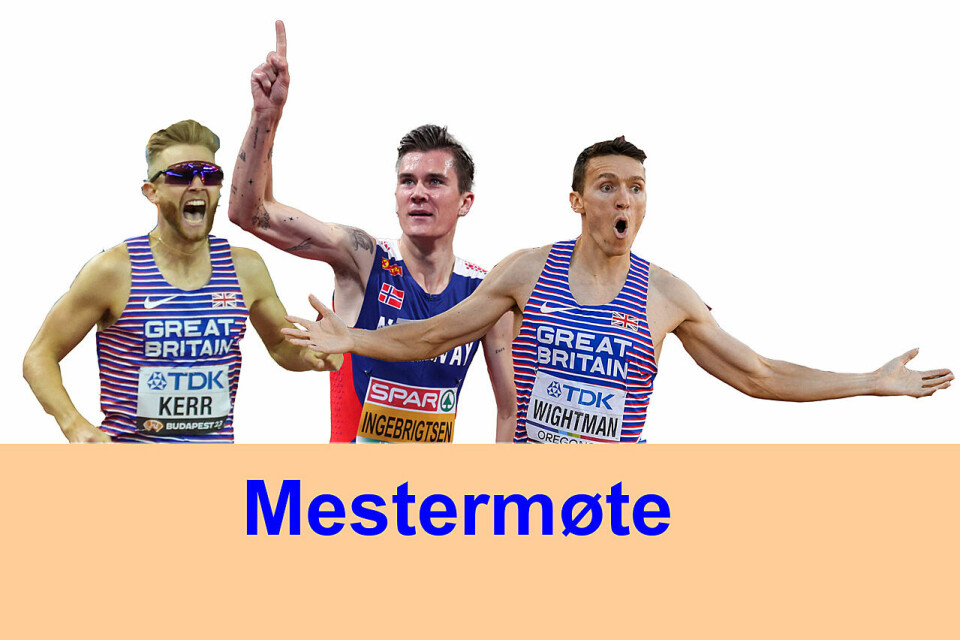 Josh Kerr ble verdensmester på 1500 meter i 2023, Jake Wightman tok samme tittel i 2022. Begge gangene var de så vidt foran Jakob Ingebrigtsen. (Foto: Arne Dag Myking/Wikipedia/Erik van Leeuwen) Mestermøte_Josh Kerr_Jakob Ingebrigtsen_Jake Wightman