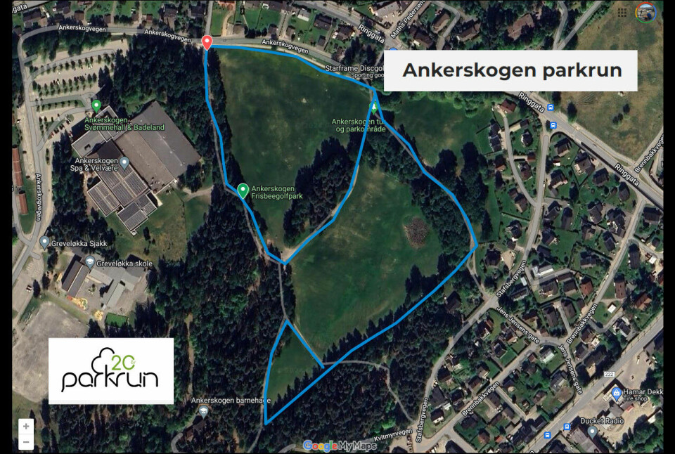 Løypekart for Ankerskogen Parkrun på Hamar som blir den tiende plassen i Norge der det arrangeres parkrun. Løypekart for Ankerskogen Parkrun på Hamar som blir den tiende plassen i Norge der det arrangeres parkrun.