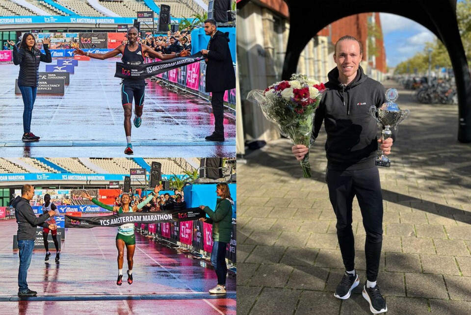 Joshua Belet og Meseret Belete løper i mål som vinnere av maraton i Amsterdam, mens Marius Sørli allerede har mottatt pokalen for seier på den korteste distansen, 8 km. (Foto: Arrangør/Marius Sørlis Instagramkonto) Joshua Belet og Meseret Belete løper i mål som vinnere av maraton i Amsterdam, mens Marius Sørli allerede har mottatt pokalen for seier på den korteste distansen, 8 km. (Foto: Arrangør/Marius Sørlis Instagramkonto)