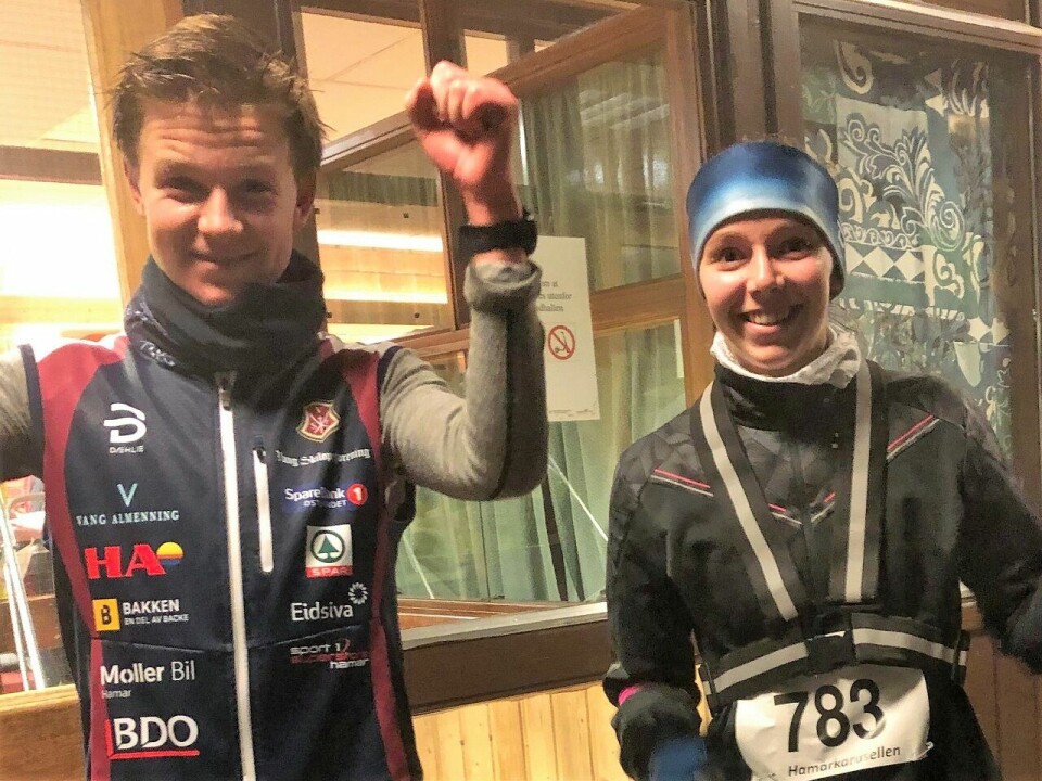 Alltid moro å vinne, og Marcus Danielsen og Heidi Syversen kunne juble for seier igjen. (Foto fra Hamarkarusellens facebookside) null