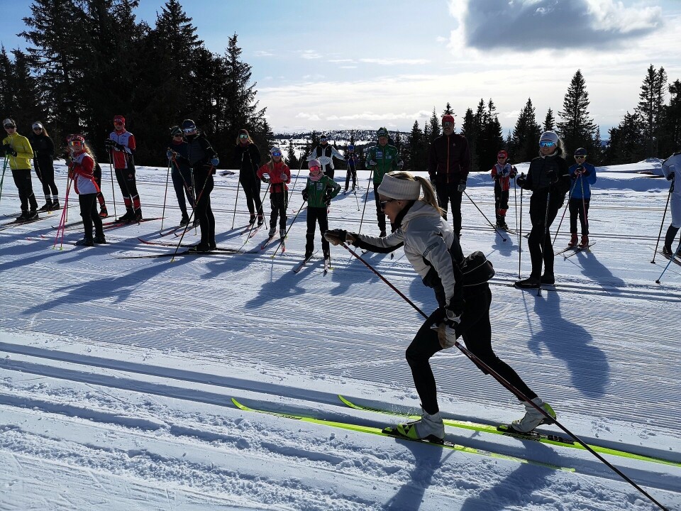 Therese Johaug demonstrer grunnposisjonen i diagonalgang på Sjusjøen langrennsarena mandag i påskeuka. (Foto: Rolf Bakken) Therese Johaug demonstrer grunnposisjonen i diagonalgang på Sjusjøen langrennsarena mandag i påskeuka. (Foto: Rolf Bakken)