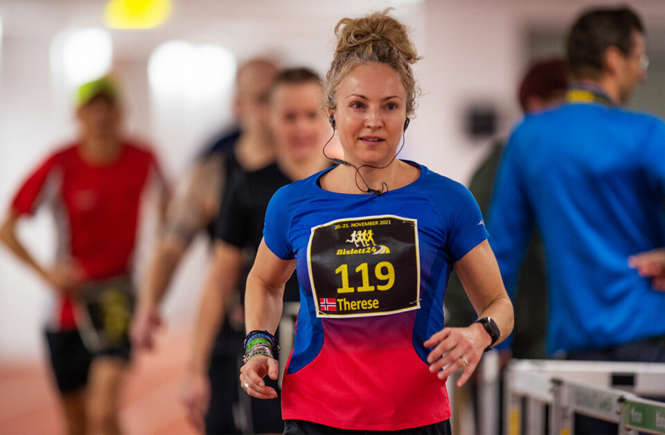 Therese Falk var i fokus under Bislett 24-timers der hun tilbakela hele 261,171 km og satte europeisk rekord. (Foto: Samuel Hafsahl) Therese Falk var i fokus under Bislett 24-timers der hun tilbakela hele 261,171 km og satte europeisk rekord. (Foto: Samuel Hafsahl)