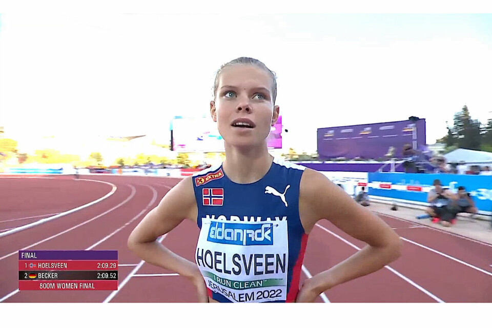 Det ble ikke ny pers på Malin Hoelsveen på 800 meter, men det ble en gullmedalje i et EM. (Foto: European Athletics streaming). Det ble ikke ny pers på Malin Hoelsveen på 800 meter, men det ble en gullmedalje i et EM. (Foto: European Athletics streaming).