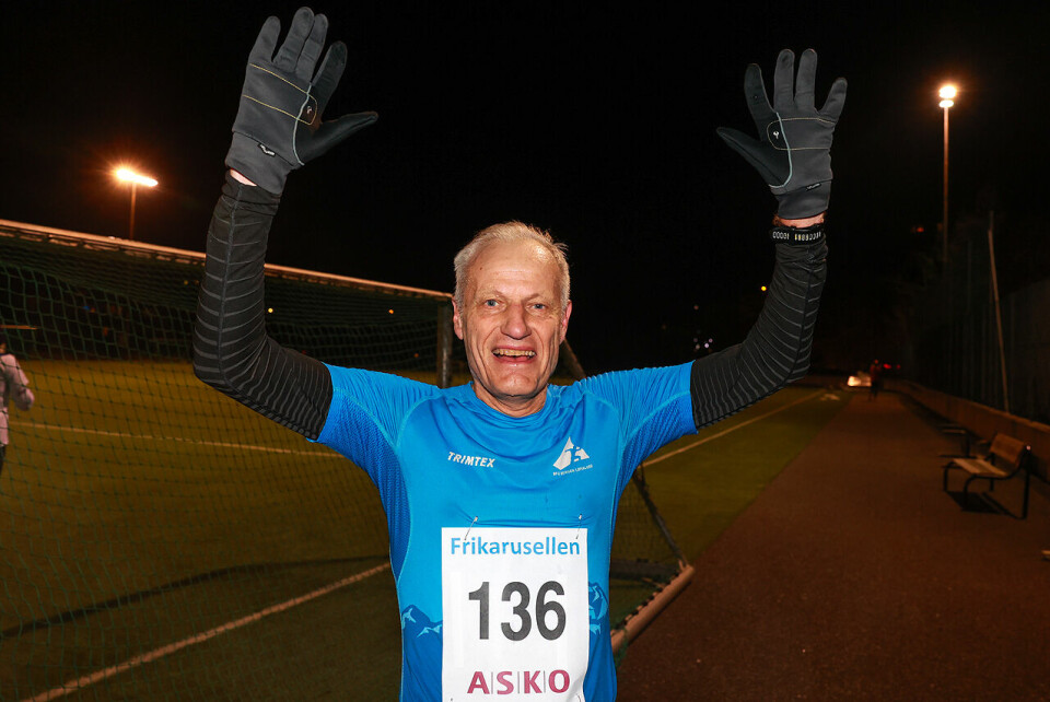 Ivar Andreas Sandø kan juble for en god start av sin første sesong i klasse M70-74: han har nå klasserekorden på 5 km. (Alle foto: Arne Dag Myking) Under gode forhold i Frikarusellen løp Ivar Andreas Sandø inn på ny klasserekord i M70-74 med tiden 18:59