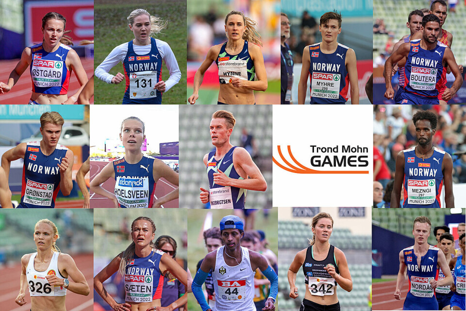 Norske toppløpere på distanser fra 800 meter og oppover som alle stiller i Trond Mohn Games. (Foto og fotomontasje: Arne Dag Myking, foto: Sylvain Cavatz, Samuel_Hafsahl) Collage av mange portretter av gode norske friidrettsutøvere