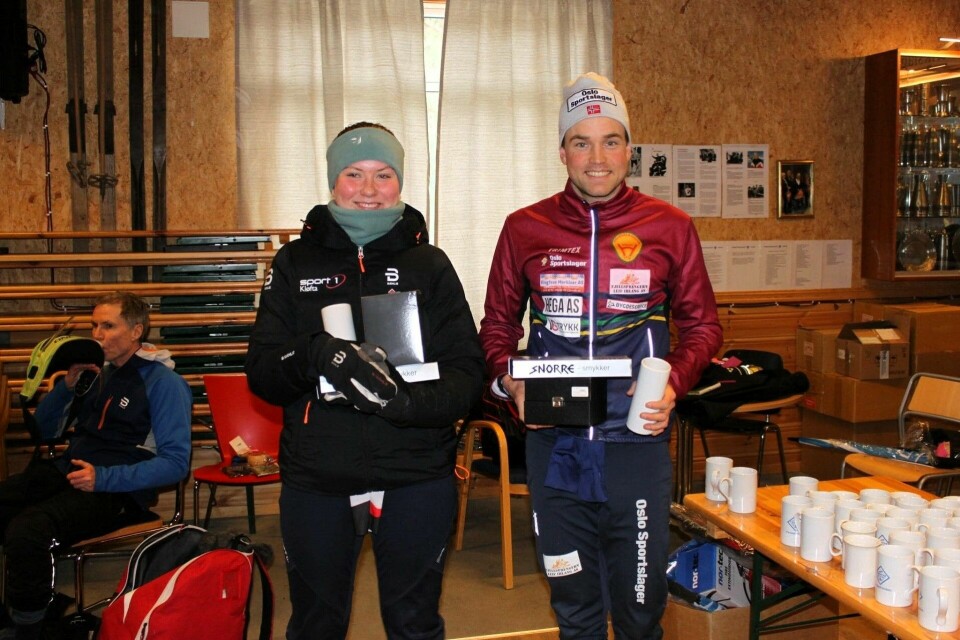 Vinnerne i jubileumsrennet, Mia Dunham og Mattis Sjøli. (Foto fra Nes Ski- og Sykkelanleggs facebookside) Vinnerne i jubileumsrennet, Mia Dunham og Mattis Sjøli. (Foto fra Nes Ski- og Sykkelanleggs facebookside)