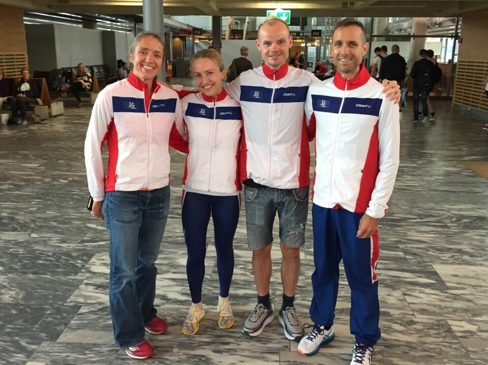 Deltagerne ved avreisen fra Gardermoen i dag morges. Guro Skjeggerud, Therese Falk, Bjørn Tore Taranger og Joar Flynn Jensen. (Foto: Erik Nossum) Deltagerne ved avreisen fra Gardermoen i dag morges. Guro Skjeggerud, Therese Falk, Bjørn Tore Taranger og Joar Flynn Jensen. (Foto: Erik Nossum)