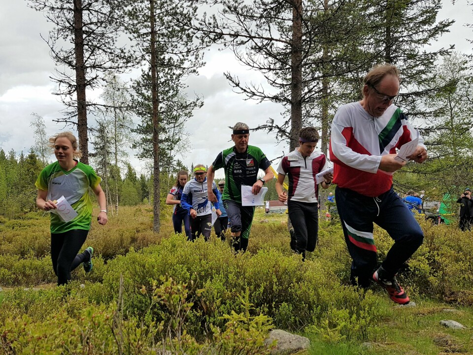 Bedrift o-løp med parstafett i Vangsåsen Morten Stenberg i tet ut fra start.jpg