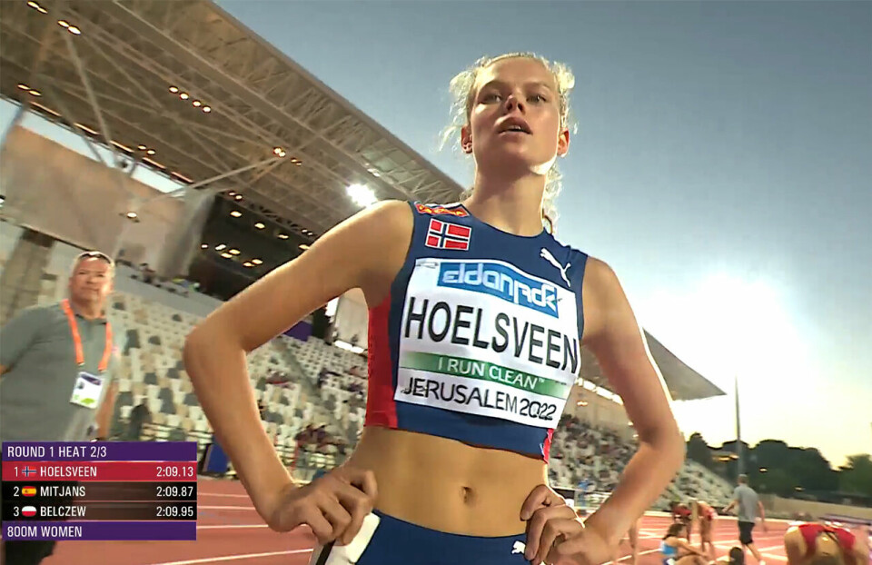 Malin Hoelsveen vant heatet sitt med god margin og er finaleklar. (Foto: European Athletics streaming) Malin Hoelsveen vant heatet sitt med god margin og er finaleklar. (Foto: European Athletics streaming)