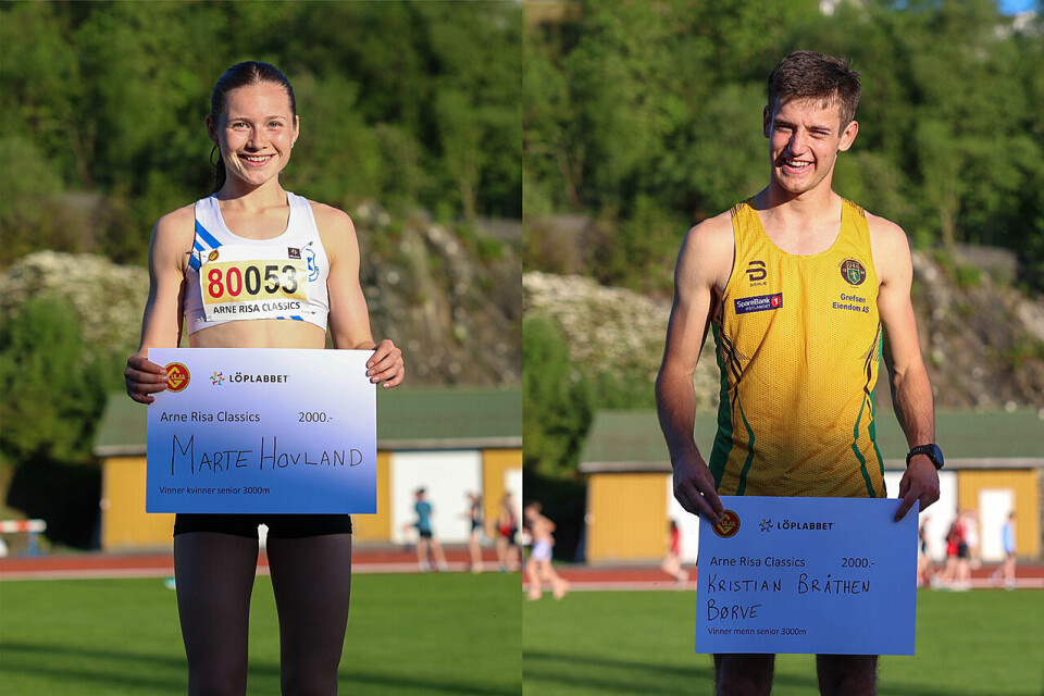 Marte Hovland fra Vik IL og Kristian Bråthen Børve fra Ull/Kisa var de beste på 3000 meter i Arne Risa Classic, begge er under 20 år. (Alle foto: Arne Dag Myking) Marte Hovland fra Vik IL og Kristian Bråthen Børve fra Ull/Kisa