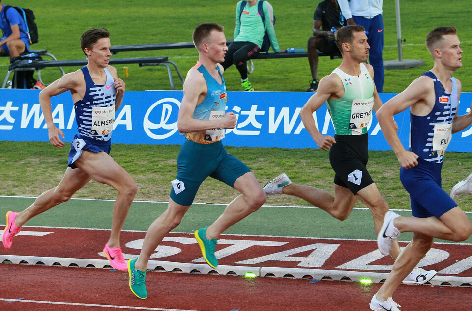 Her ser vi Narve Gilje Nordås (nest lengst til venstre) og Andreas Almgren (til venstre) under Bislett Games. Kanskje får vi se dem begge på 1500 meter i Stockholm. (Foto: Kjell Vigestad)