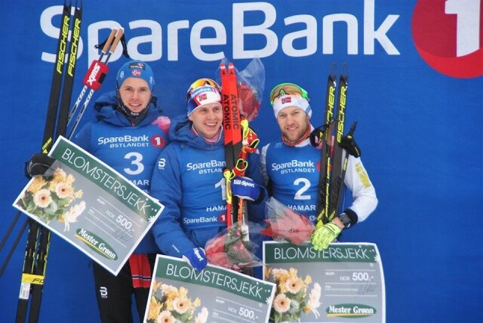 Seierspallen etter mennenes fristilløp på Gåsbu ble besatt av (fra v.) Daniel Stock, Simen Hegstad Krüger og Per Kristian Nygård (Foto: Stein Arne Negård) Seierspallen etter mennenes fristilløp på Gåsbu ble besatt av (fra v.) Daniel Stock, Simen Hegstad Krüger og Per Kristian Nygård (Foto: Stein Arne Negård)