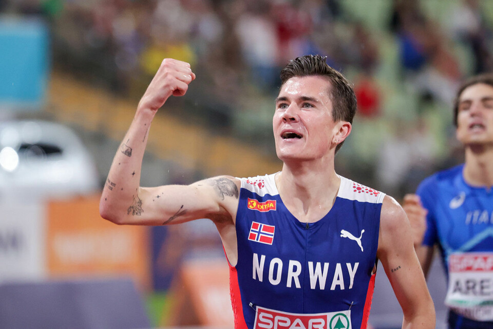 Jakob Ingebrigtsen som fersk europamester på 1500 m i München 2022. (Foto: Arne Dag Myking) Jakob Ingebrigtsen som fersk europamester på 1500 m i München 2022. (Foto: Arne Dag Myking)