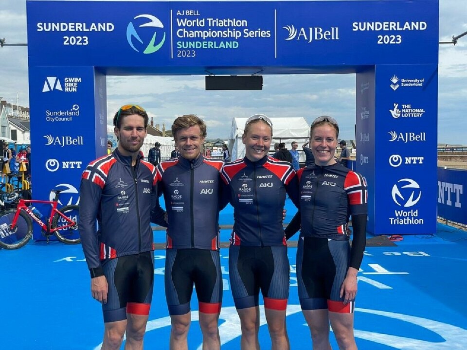 Det norske laget som tok en tredjeplass i miksstafetten i WTC-seriens arrangement i Sunderland. (Foto: Norges Triathlonforbund) Det norske laget som tok en tredjeplass i miksstafetten i WTC-seriens arrangement i Sunderland. (Foto: Norges Triathlonforbund)
