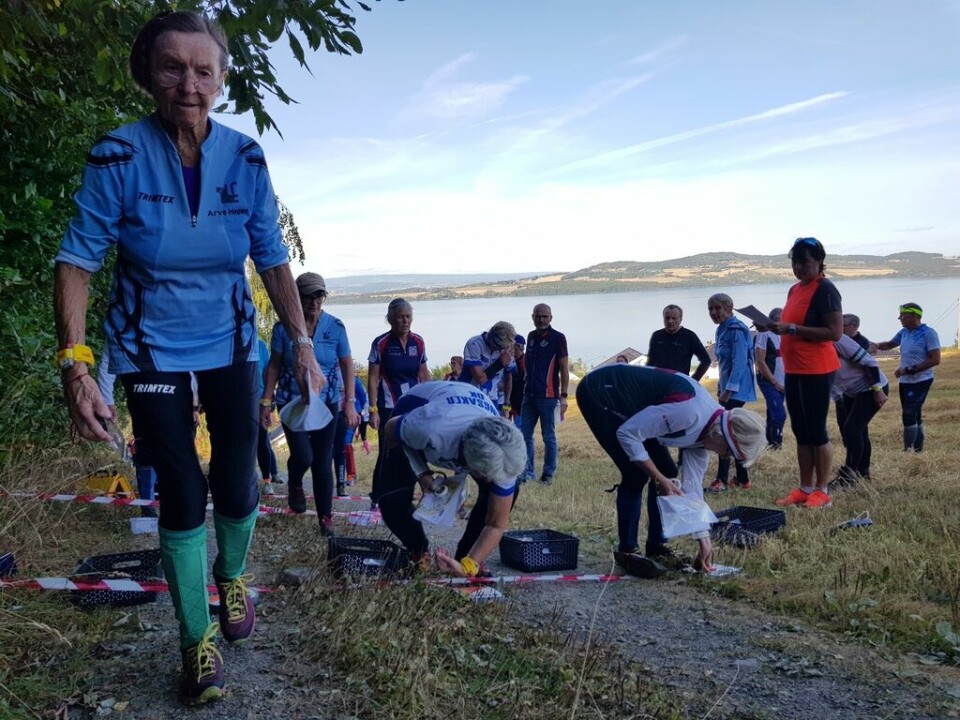 Sommervarme på bedriftsorienteringsløp fra Kapp skole Helga Hansen ut fra start med utsikt til Helgøya bakgrunn.jpg