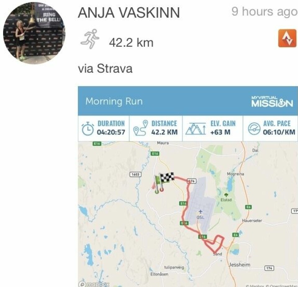 47 har løpt Kondis' virtuelle maraton- og ultraløp, som fortsetter ut mai Anja_Vaskinn_GPS.jpeg