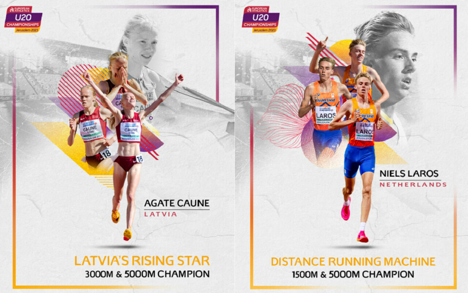 De to største profilene på de distanseløpene: Agate Caune og Niels Laros tok sin andre gullmedalje i U20-EM på 5000m. (Foto: European Athletics) De to største profilene på de distanseløpene: Agate Caune og Niels Laros tok sin andre gullmedalje i U20-EM på 5000m. (Foto: European Athletics)