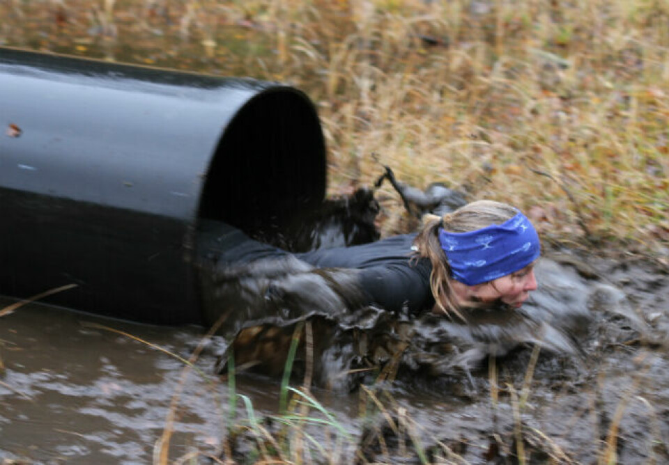 Deltageren måtte gjennom dette røret som et av de siste hinderne på det 7km lange krevende terrengløpet. Foto: Thomas Hetland. Deltageren måtte gjennom dette røret som et av de siste hinderne på det 7km lange krevende terrengløpet. Foto: Thomas Hetland.
