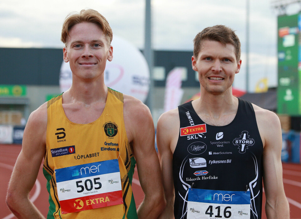 Tom Erling Kårbø (til høyre) knep gullet på 3000 m hinder med to hundredeler foran Fredrik Sandvik. (Foto: Kjell Vigestad) Tom Erling Kårbø (til høyre) knep gullet på 3000 m hinder med to hundredeler foran Fredrik Sandvik. (Foto: Kjell Vigestad)