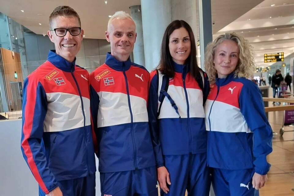 De norske løperne på Gardermoen før avreise til Verona onsdag kveld. Fra venstre Jo Inge Norum, Bjørn Tore Taranger, Ranveig Hansen og Therese Falk. (Foto: Aina Nygård) De norske løperne på Gardermoen før avreise til Verona onsdag kveld. Fra venstre Jo Inge Norum, Bjørn Tore Taranger, Ranveig Hansen og Therese Falk. (Foto: Aina Nygård)