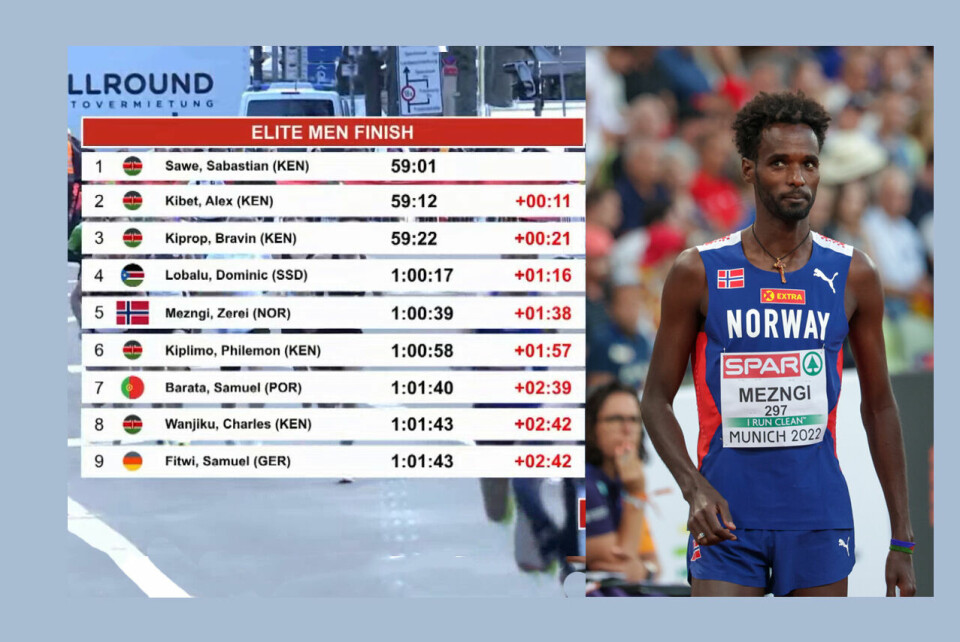 Det ble en norsk 5. plass i årets Berlin Maraton da Zerei Kbrom Mezngi løp inn på 1:00:39. (Foto: skjermdump/Arne Dag Myking) Zerei Mezngi tok en 5. plass i Berlin halvmaraton