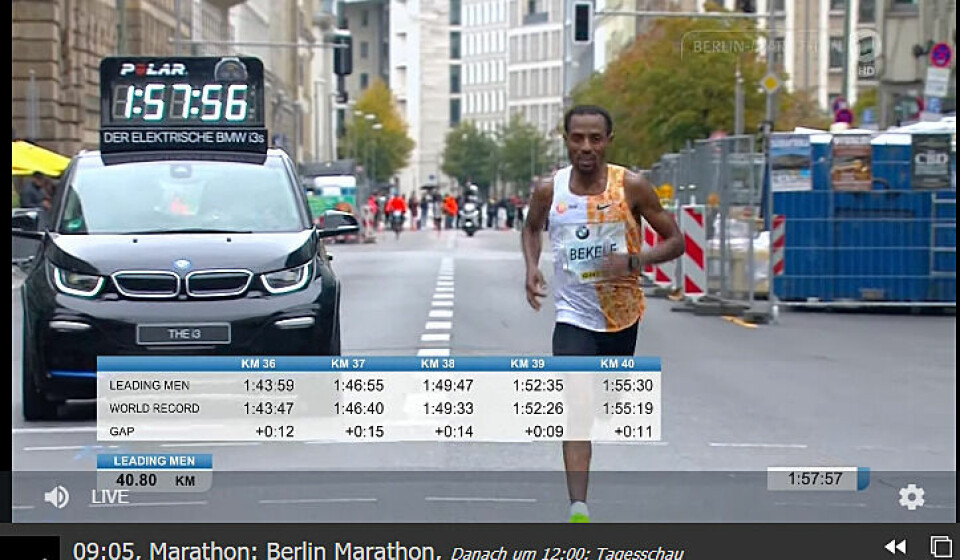 Kenenisa Bekele to sekunder unna verdensrekorden på maraton i Berlin Verdensrekrod_sekundering.png