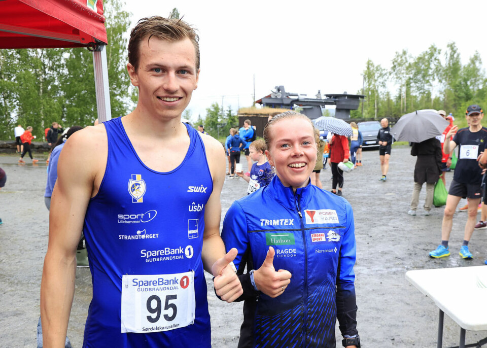 Vinnerne, Leif Christian Tallaksen fra Lillehamm IF og Karoline Erdal fra Førde IL / Team Fosen Yard. i målområdet ved Kanten kro. Vinnerne, Leif Christian Tallaksen fra Lillehamm IF og Karoline Erdal fra Førde IL / Team Fosen Yard. i målområdet ved Kanten kro.