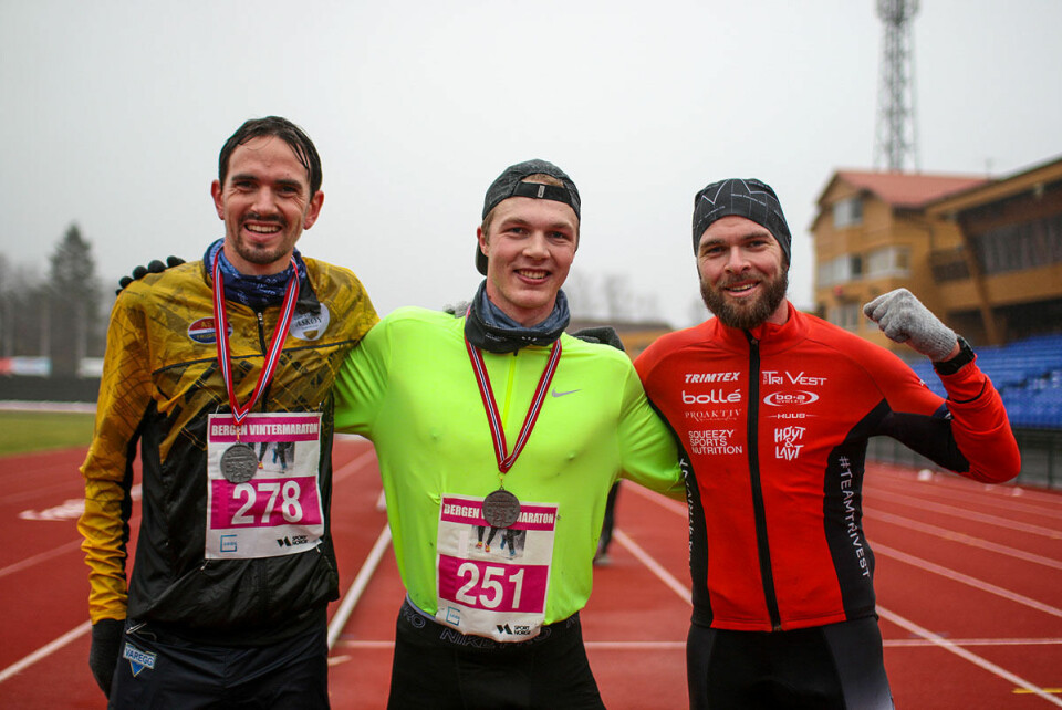 Fra sesongens 1. løp, topp 3 herrer halvmaraton. Foto: Arne Dag Myking Fra sesongens 1. løp, topp 3 herrer halvmaraton. Foto: Arne Dag Myking