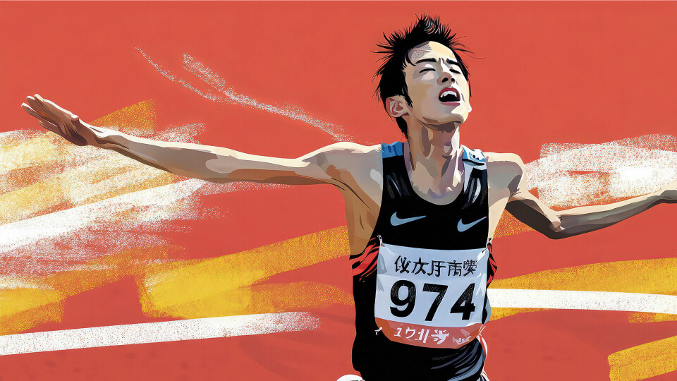 Yuya Yoshida løp først i mål i årets Fukuoka International Marathon. (Illustrasjon av Tom-Arild Hansen) Yuya Yoshida løper først i mål. (Illustrasjon av Tom-Arild Hansen)