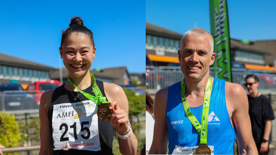 Tina Emilie Lee Lange og Håvard Berland brukte rundt to timer på å løpe fra Fløyen til Knarvik. (Foto: Arne Dag Myking) Tina Emilie Lee Lange og Håvard Berland brukte rundt to timer på å løpe fra Fløyen til Knarvik. (Foto: Arne Dag Myking)