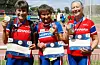 Vera Nystad, Signy Henden Rustlie og Oline Yksnøy med medaljer i VM for veteraner i Frankrike 2015 . (Foto: Turid Veggeland)
