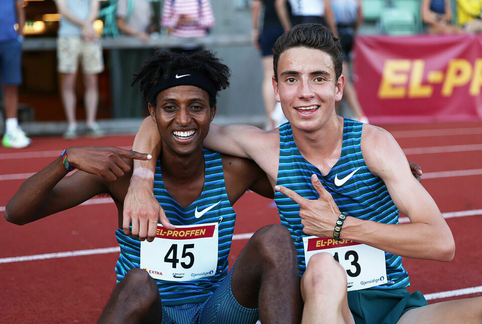 Abdullahi Dahir Rabi (til venstre) satte pers med nesten fem sekunder på 5000 m. Her sammen med danske Joel Ibler Lillesø. (Foto: Samuel Hafsahl) Abdullahi Dahir Rabi (til venstre) satte pers med nesten fem sekunder på 5000 m. Her sammen med danske Joel Ibler Lillesø. (Foto: Samuel Hafsahl)