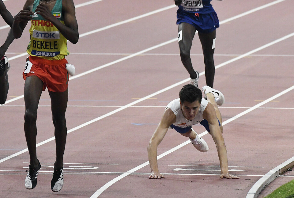 Jakob Ingebrigtsen gav absolutt alt og stupte over mål. (Foto: Bjørn Johannessen) Jakob Ingebrigtsen gav absolutt alt og stupte over mål. (Foto: Bjørn Johannessen)