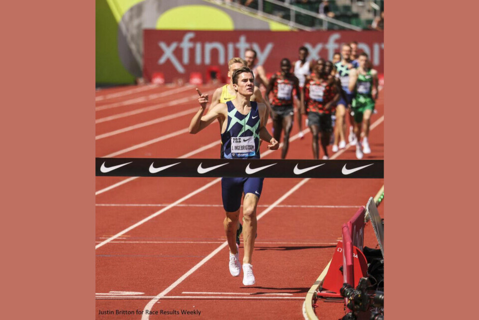 Jakob Ingebrigtsen vinner overlegent i sitt løp på en engelsk mile i Diamond League-stevnet i Eugene. Tiden er ny norgesrekord på distansen.(Foto fra arrangørens sider). Jakob Ingebrigtsen vinner overlegent i sitt løp på en engelsk mile i Diamond League-stevnet i Eugene. Tiden er ny norgesrekord på distansen.(Foto fra arrangørens sider).