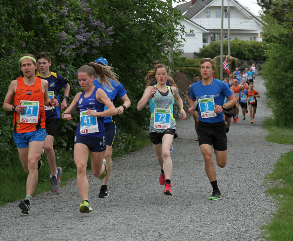 Tetfeltet for damer på NM halvmaraton etter ca. 1 km løping. Hilde Aders(72) som vant løpet har følge med Hanne Mjøen Maridal (41) som til slutt ble nummer to. Erland Aano (71) og Jørgen Grønsund (3) er også med og holder farten oppe. Tetfeltet for damer på NM halvmaraton etter ca. 1 km løping. Hilde Aders(72) som vant løpet har følge med Hanne Mjøen Maridal(41) som til slutt ble nummer to. Erland Aano(71) og Jørgen Grønsund(3) er også med og holder farten oppe.