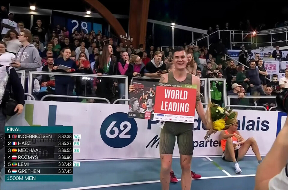 Jakob Ingebrigtsen kunne glede seg over sin tredje strake seier på 1500 m i dette stevnet i Lievin i Frankrike. (Foto: World Athletics streaming) Jakob Ingebrigtsen kunne glede seg over sin tredje strake seier på 1500 m i dette stevnet i Lievin i Frankrike. (Foto: World Athletics streaming)