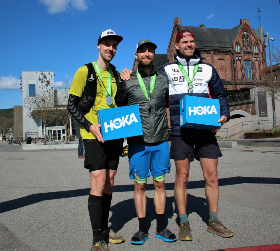 Skogvokteren Ultra: Mathis Dahl Fenre raskest i brorens løype Seierspallen herrer. Mathis Dahl Fenre, Marius Stengle Håkonsen og Anders Braastad. Foto Irvin Kilde.JPG