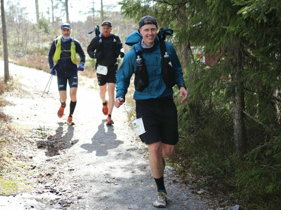 Skogvokteren Ultra: Mathis Dahl Fenre raskest i brorens løype Heivannet. Borger Gurholt, Cato Pedersen og Morten Almquist. Foto Otto Gullesen.JPG