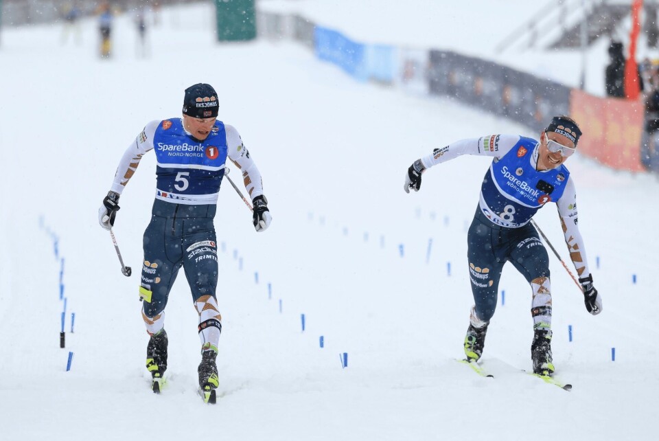 Eirk Sverdrup Augdal vinner spurten med diagonalgåing de siste meterene. (Foto: Manzoni/NordicFocus) Eirk Sverdrup Augdal vinner spurten med diagonalgåing de siste meterene. (Foto: Manzoni/NordicFocus)