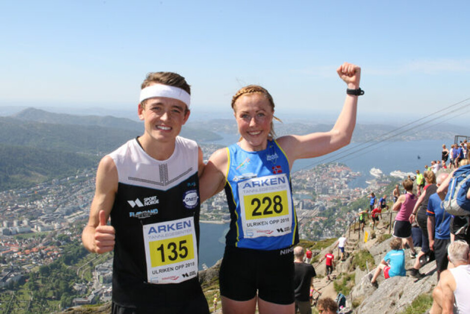 Stian Øvergaard Aarvik og Eli Anne Dvergsdal etter målgang på toppen av Ulriken Stian Øvergaard Aarvik og Eli Anne Dvergsdal etter målgang på toppen av Ulriken