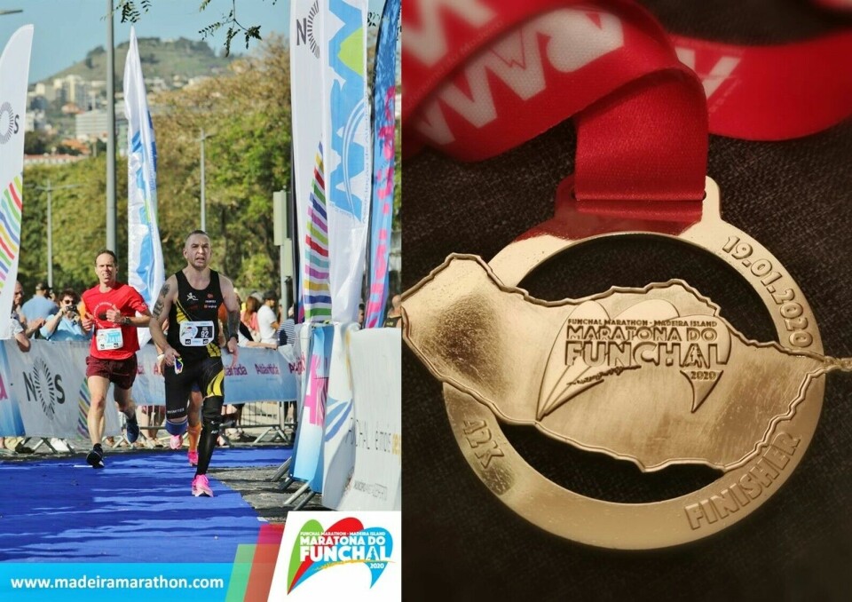 Marius Nakkeid går i mål som raskeste norske på Funchal Marathon på Madeira. (Privat foto) Marius Nakkeid går i mål som raskeste norske på Funchal Marathon på Madeira. (Privat foto)