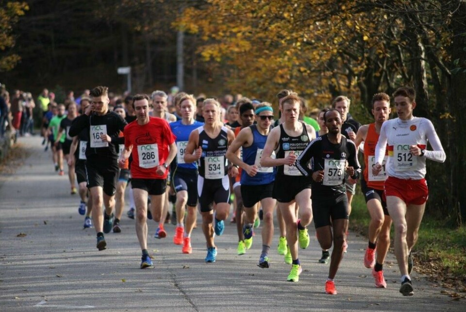 Sterkt felt i årets Djupadalt med Marius Vedvik i tet. Frew Zenebe Brkineh (575) og Ørjan Grønnevig (i oransje drakt) er rett bak. (Foto: Ingolf Dale/Kondis) Sterkt felt i årets Djupadalt