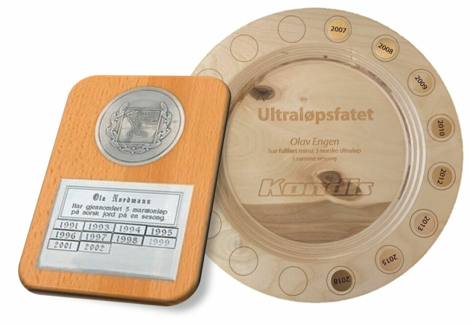 Nå settes 'Maratonplaketten' og «Ultraløpsfatet» i produksjon. Etternølerfrist 7. mars. Montasje_Ultrafat_5påNorsk