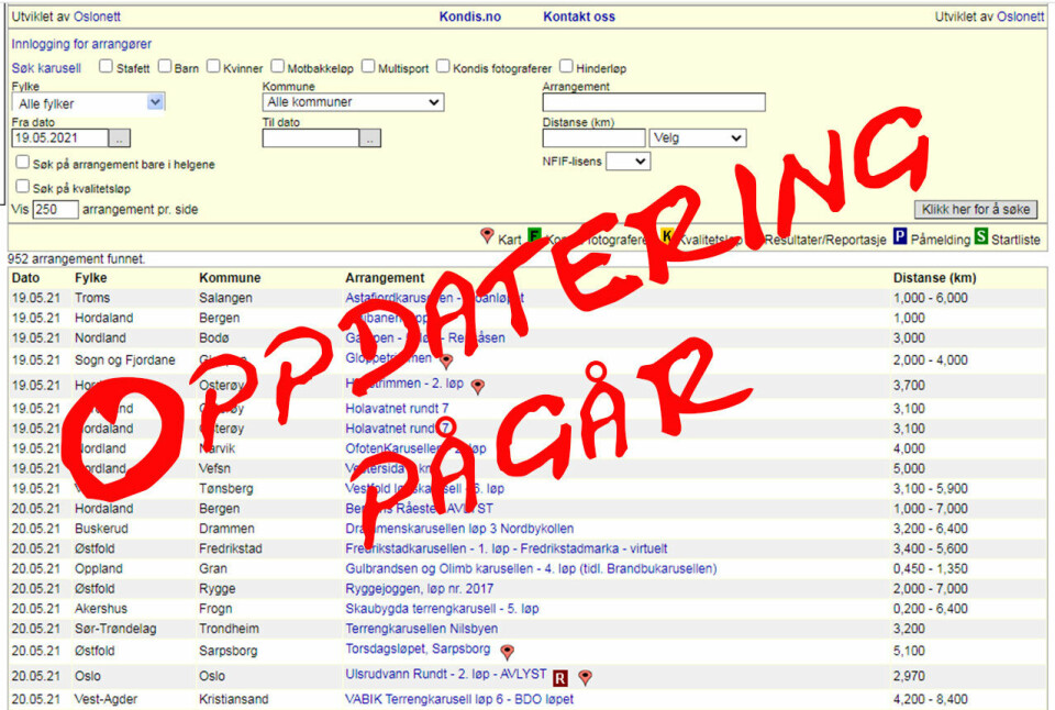 Kondis sin terminliste er for øyeblikket stengt. Oppdatering pågår og ny terminliste lanseres. Kondis sin terminliste er for øyeblikket stengt. Oppdatering pågår og ny terminliste lanseres.