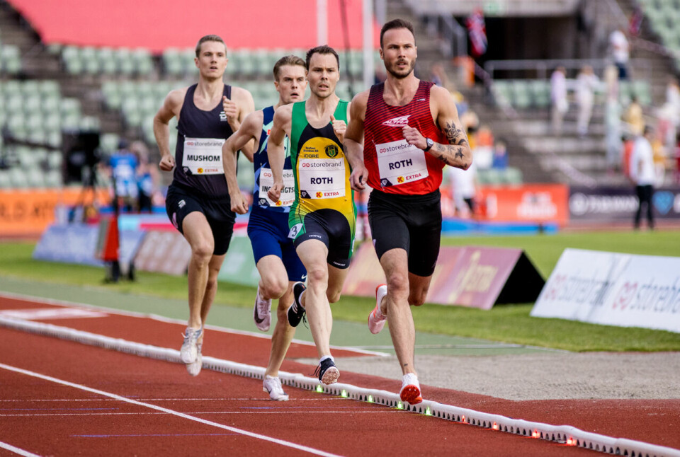 Filip Ingebrigtsen fikk god hjelp av både harer og lyshare på 1000 m. Her er det Andreas Roth som leder an på førsterunden. (Foto: Sylvain Cavatz) Filip Ingebrigtsen fikk god hjelp av både harer og lyshare på 1000 m. Her er det Andreas Roth som leder an på førsterunden. (Foto: Sylvain Cavatz)