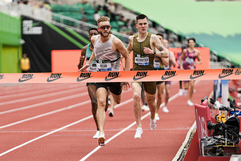 Som en reprise av VM-finalen på 1500 meter i fjor: Josh Kerr vinner foran Jakob Ingebrigtsen. (Foto: Wanda Diamond League/Matthew Quine) Josh Kerr og Jakob Ingebrigtsen