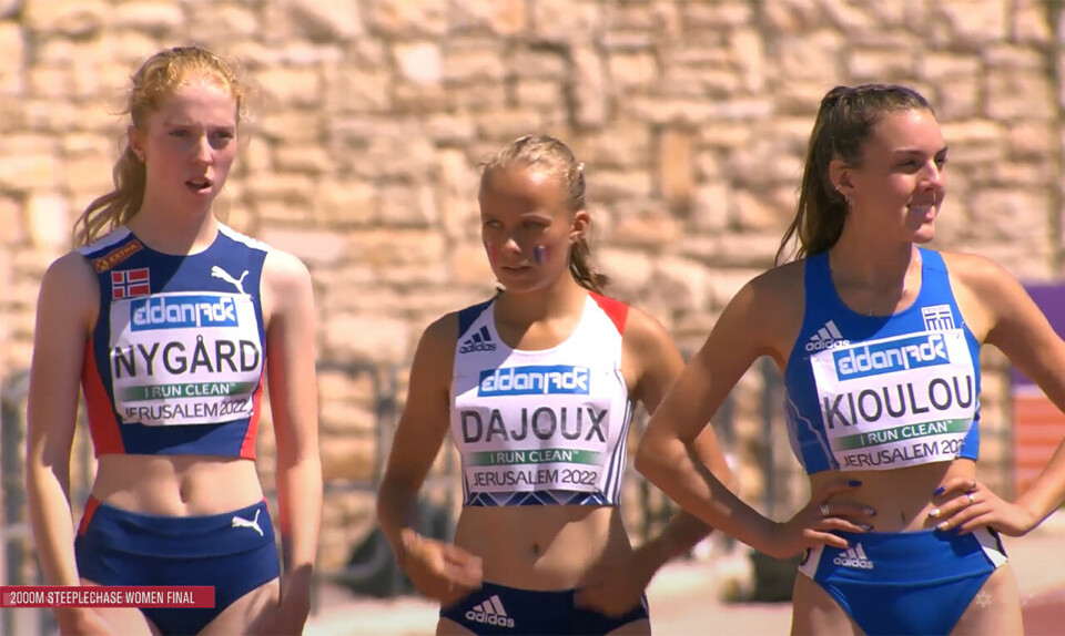 Andrea Nygård Vie var en av 15 som hadde kvalifisert seg for finalen på 2000 m hinder. I mål hadde hun bare 4 jenter foran seg. (Foto: European Athletics' streaming) Andrea Nygård Vie var en av 15 som hadde kvalifisert seg for finalen på 2000 m hinder. I mål hadde hun bare 4 jenter foran seg. (Foto: European Athletics' streaming)