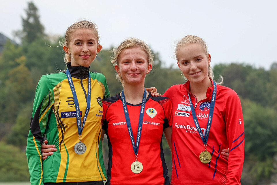 Premiepallen 800 meter for jenter-16: Wilma Anna Bekkemoen Torbiörnsson, Astrid Cecilie Berntsen og Eline Skaar. (Alle foto: Arne Dag Myking) Premiepallen J-16